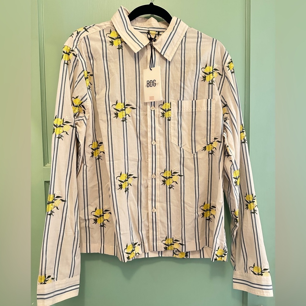 NWT- BDG Women’s Embroidered Lemon Striped Shirt - Yellow and Blue